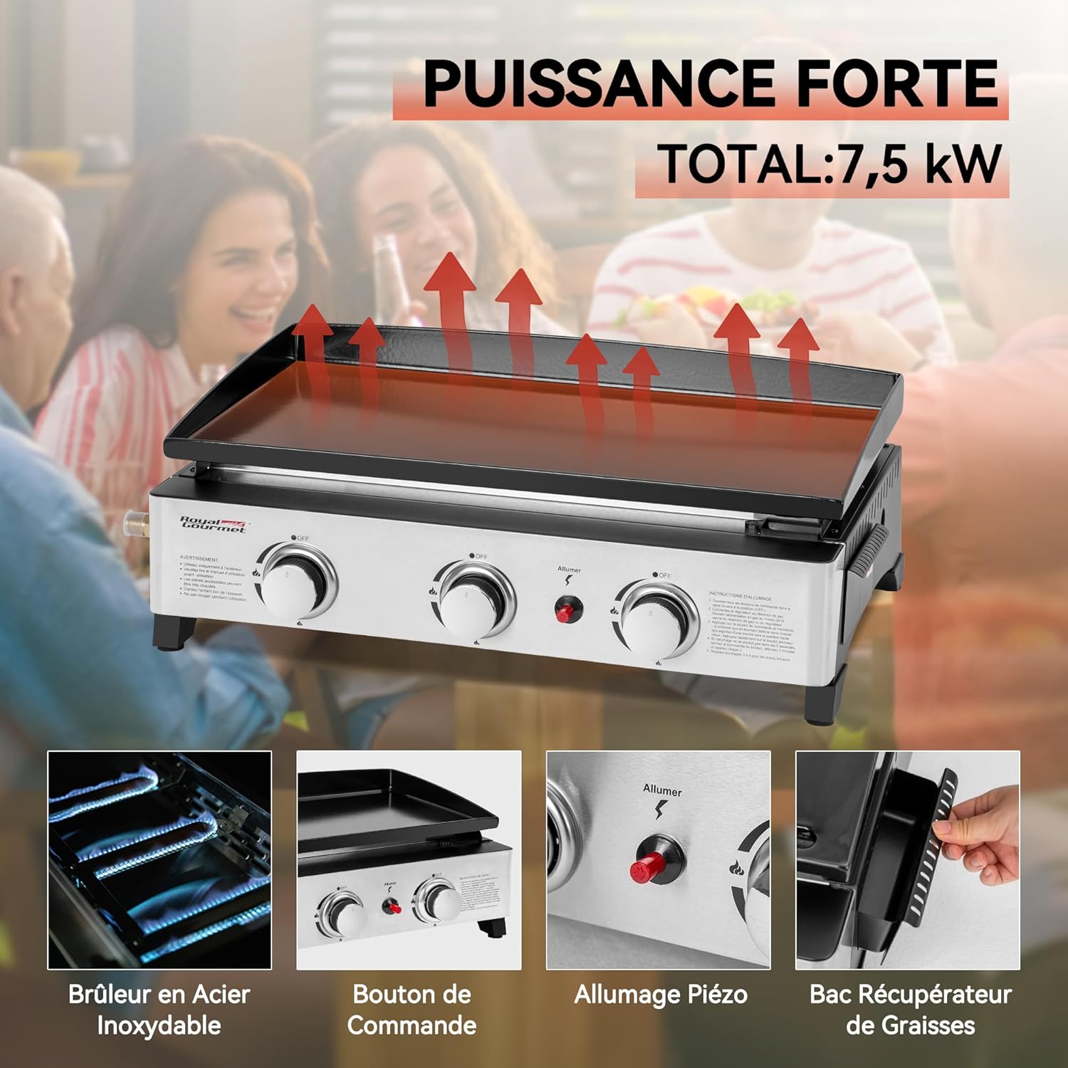 Royal Gourmet - Plancha gaz 3 brûleurs - 62x35,5 cm - 7,5kW, portable