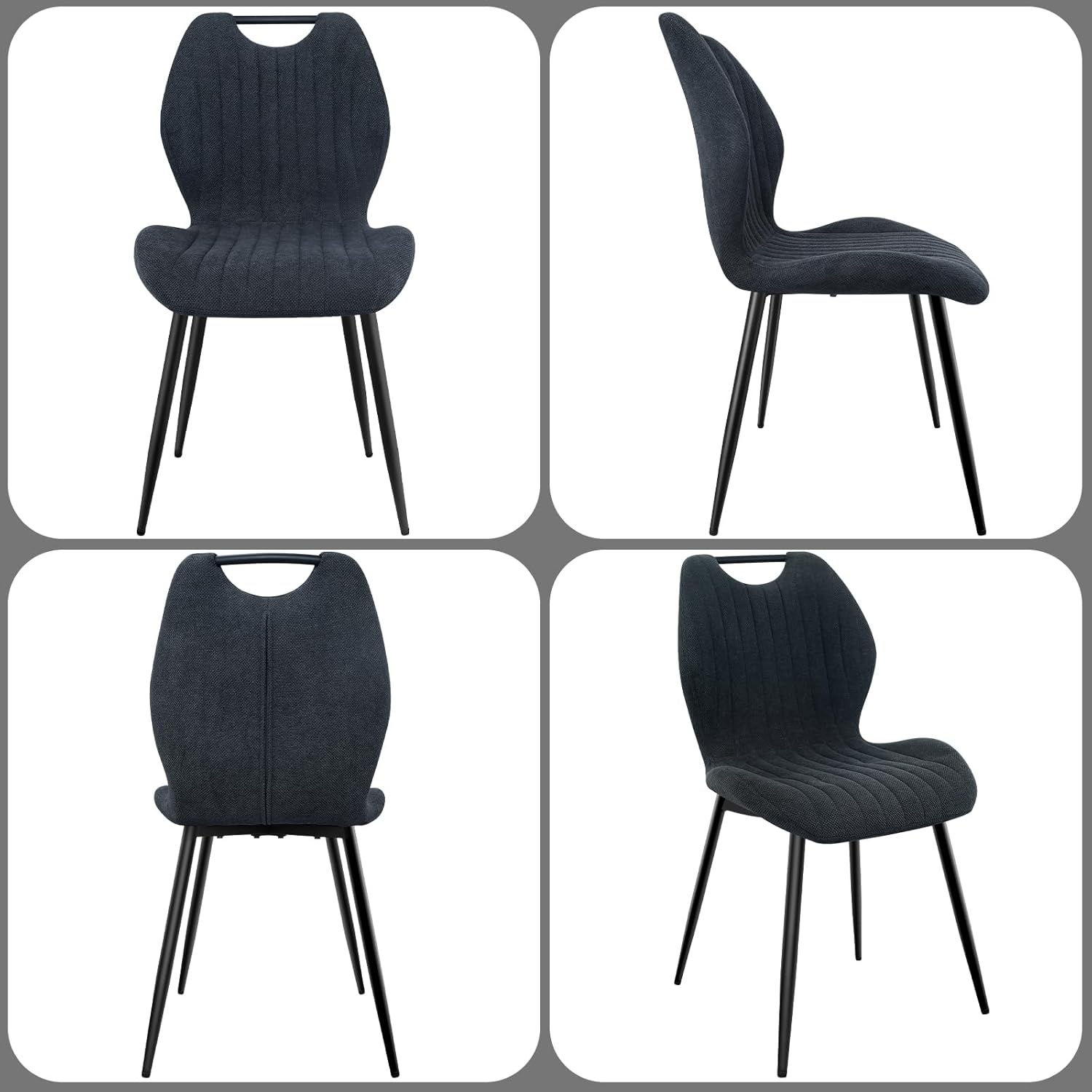 Chaises de salle à manger - lot de 6 - tissu gris foncé, pieds métal, dossier tapissé, assise confortable