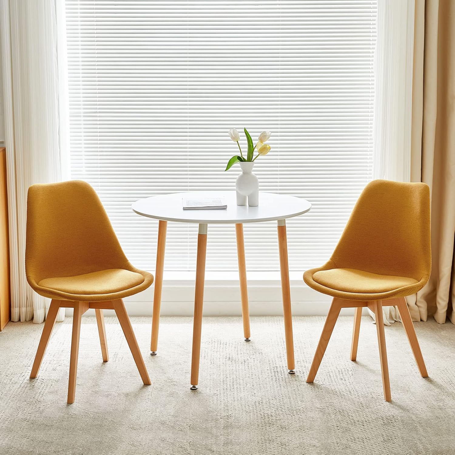 EGGREE - Lot de 2 chaises scandinaves tissu lin jaune, bois hêtre, rembourrées