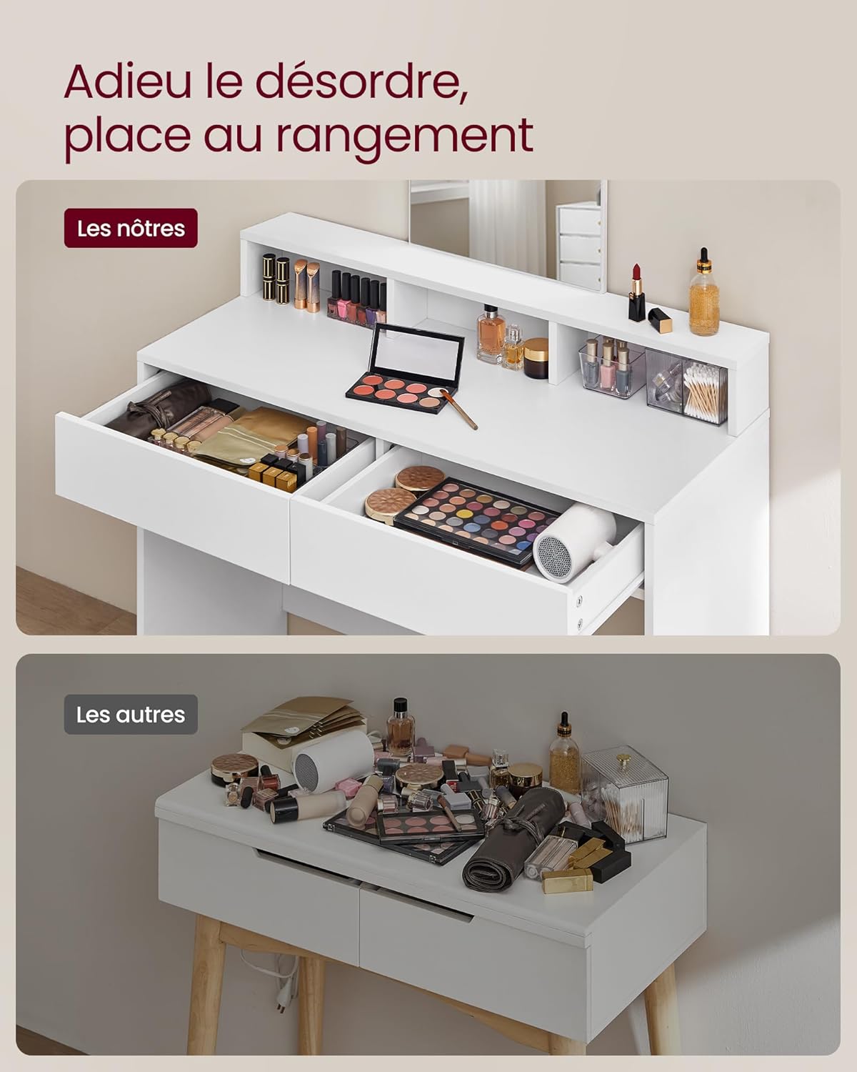 VASAGLE - KAILYN Collection - 100x40x140 cm - coiffeuse, miroir, 2 tiroirs, 3 compartiments RDT163W01