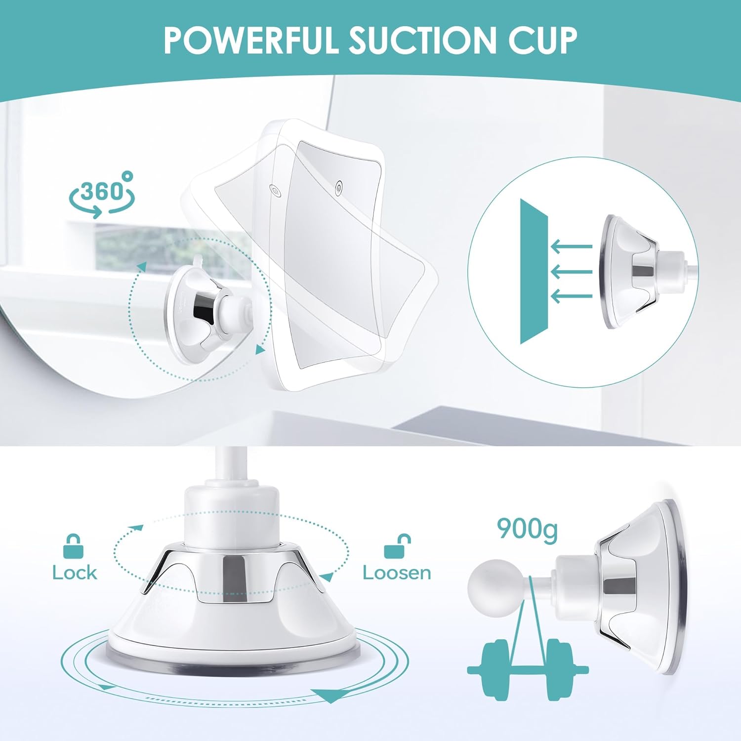 Miroir grossissant - carré 30x - lumineux, tactile, ventouse, rechargeable, rotation 360°
