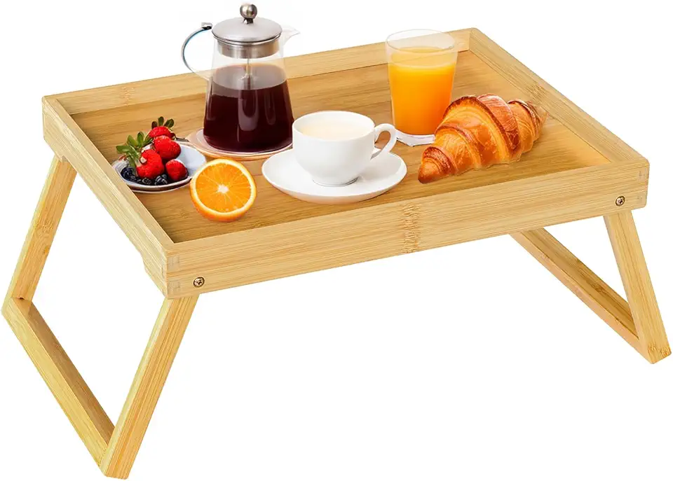Plateau de lit - bambou, pied pliant, multifonction - beige, plateau petit-déjeuner