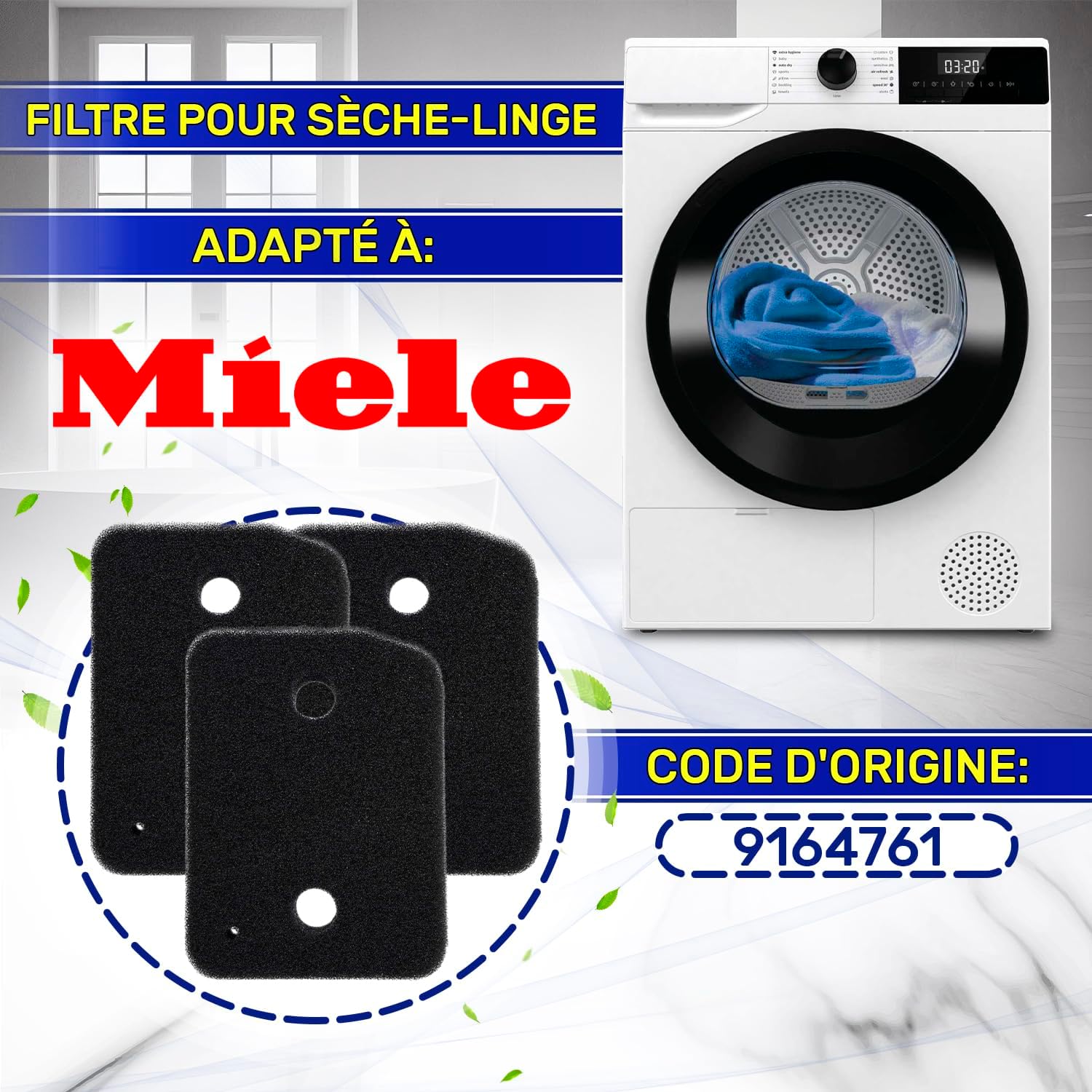 Filtre mousse sèche-linge - 208x155x30mm - compatible Miele 9164761