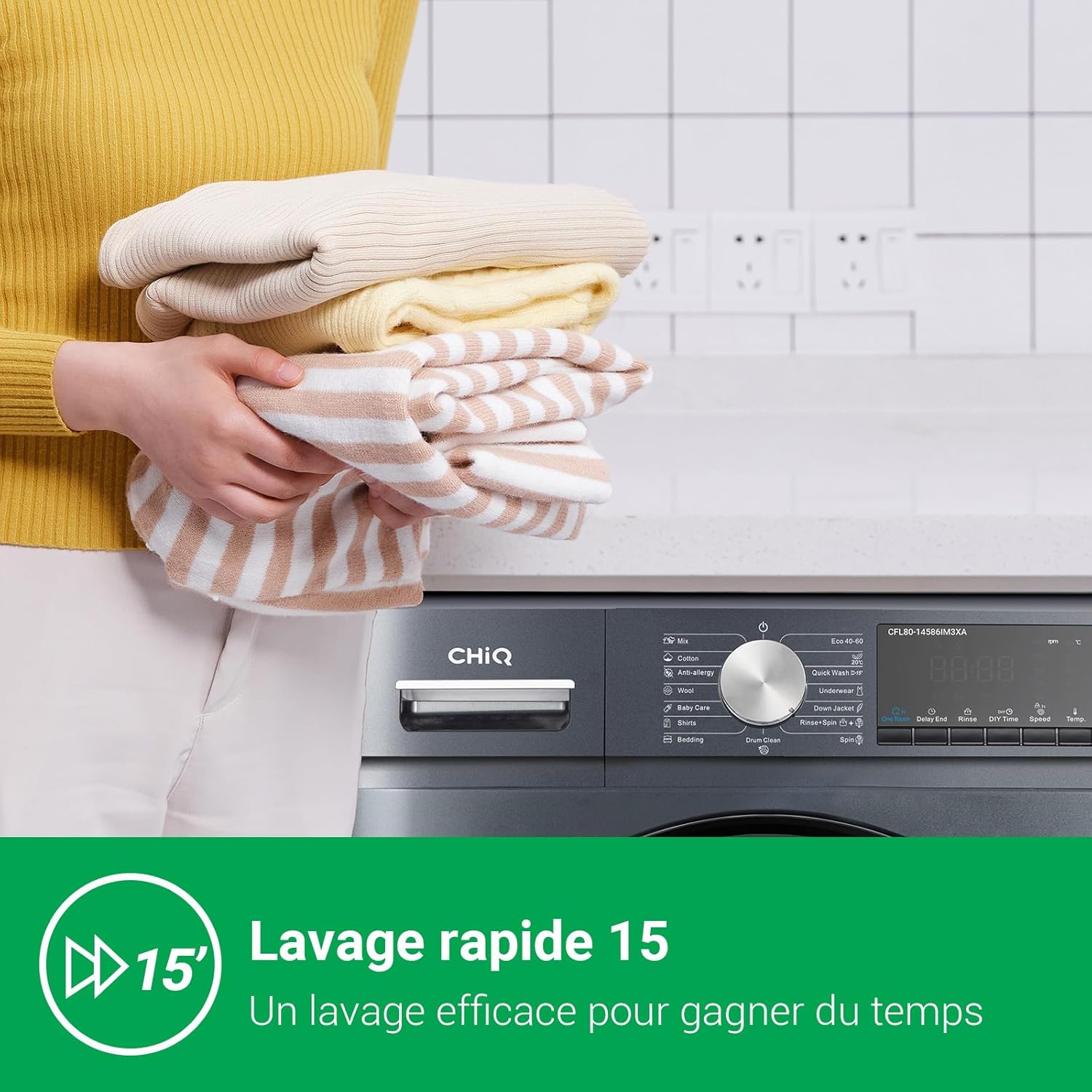 CHiQ - lave-linge frontal 8 kg, moteur inverter, 1400 tr/min, vapeur, CFL80-14586IM3XA