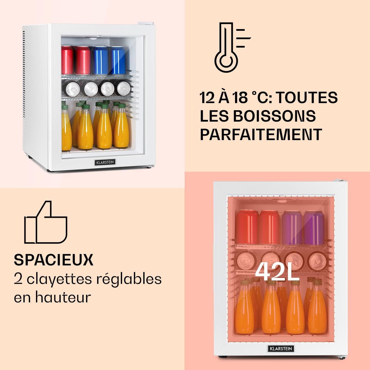 Klarstein - Mini Frigo 42L - étagères réglables, silencieux, 12-18°C