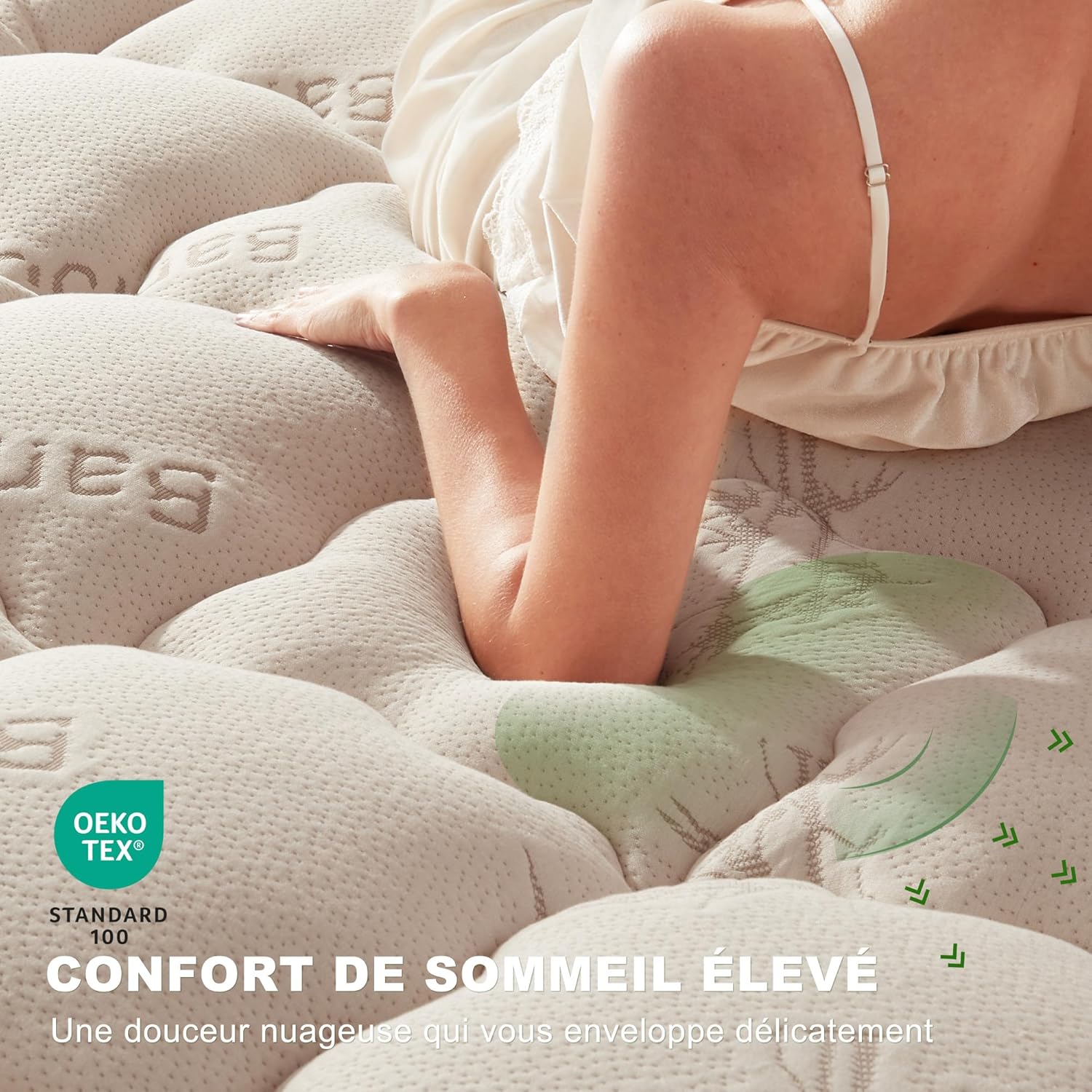 BEDLORE - Surmatelas matelassé 90x200 cm, bambou, bonnet 30 cm, Oeko-Tex