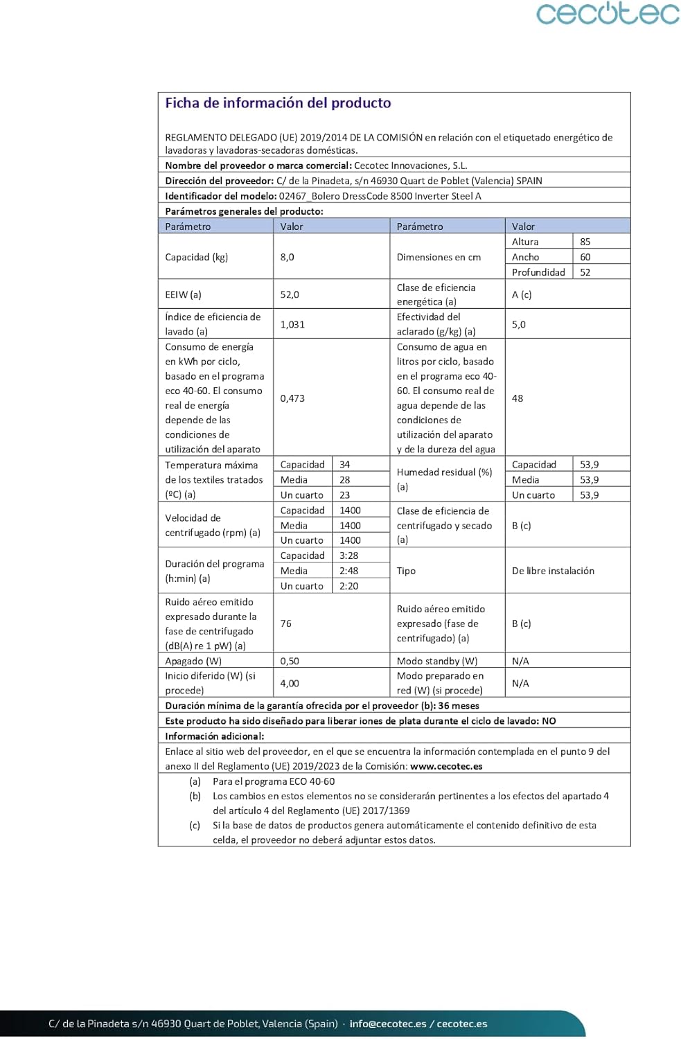Cecotec - Bolero Dresscode 8500 - 8 kg - Inverter, 1400 rpm, Steam, 16 programmes