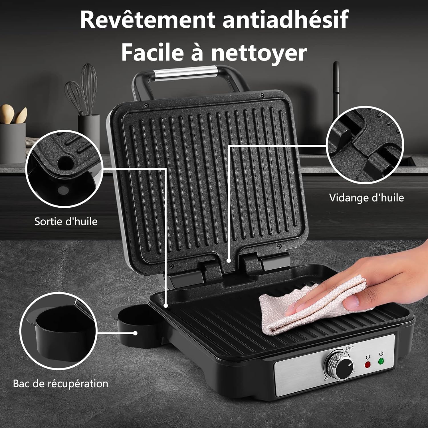 YASHE - Grille viande 4 tranches, plaques antiadhésives, 1800W, ouverture 180°