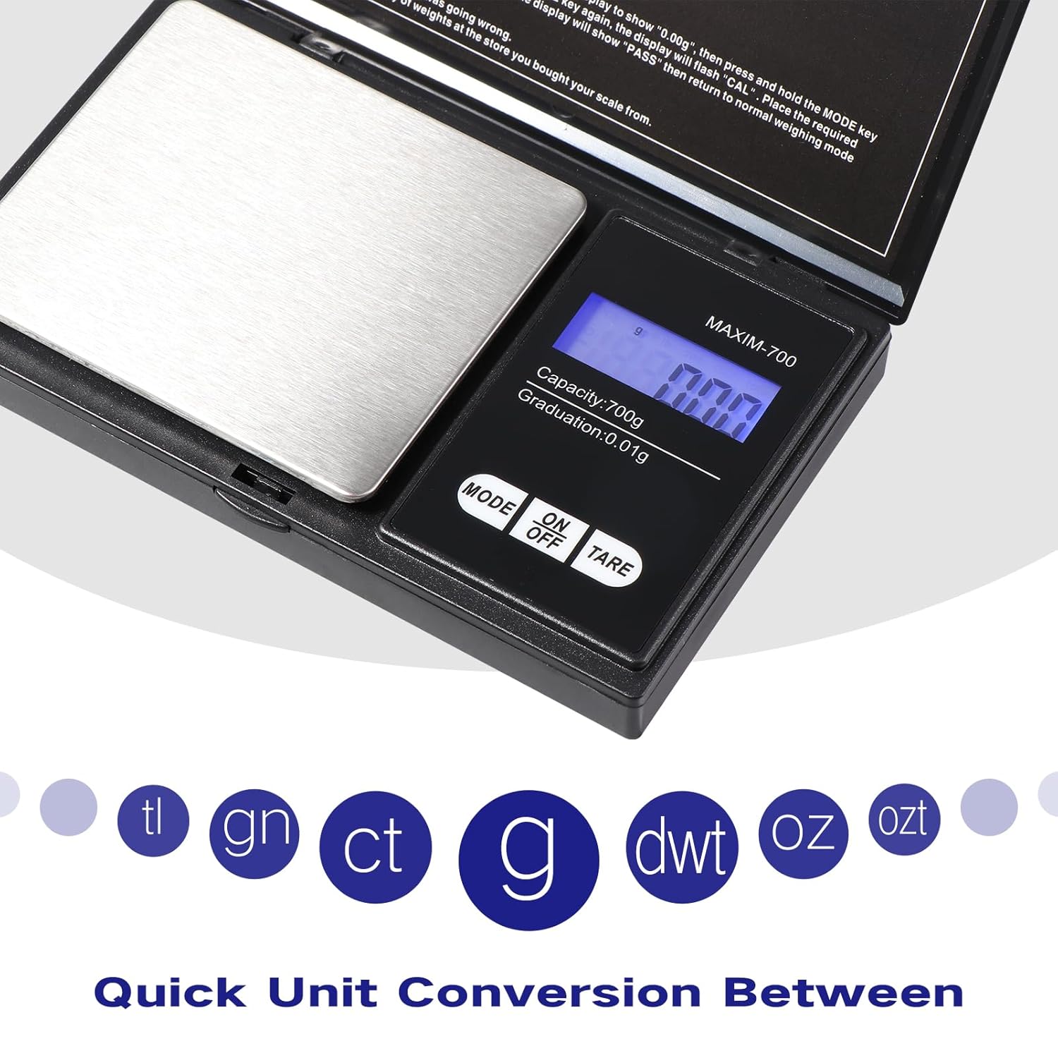 Vinabo - Balance précision 700g/0,01g - tare, multifonction, cuisine, bijoux, noire