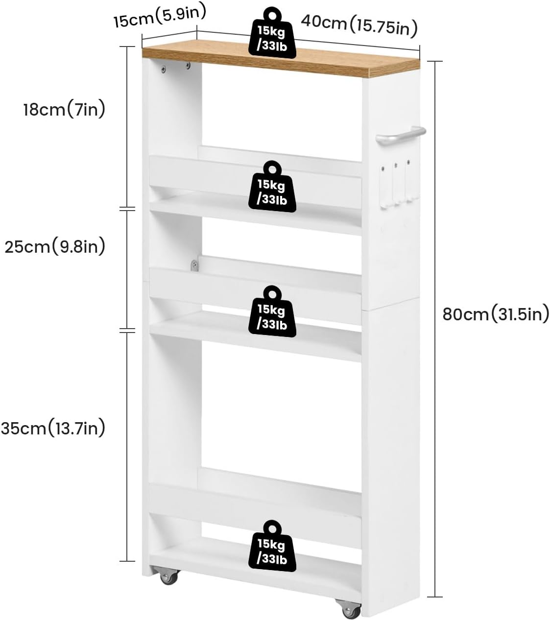Desserte à roulettes - chariot 4 niveaux, 40x15x80 cm, bois clair et blanc