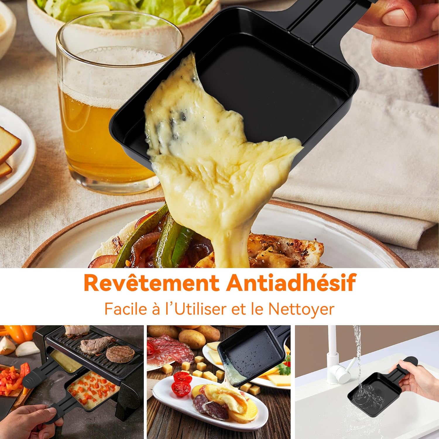 Poêlon raclette carré - 8 pièces - revêtement antiadhésif, poignées isolantes