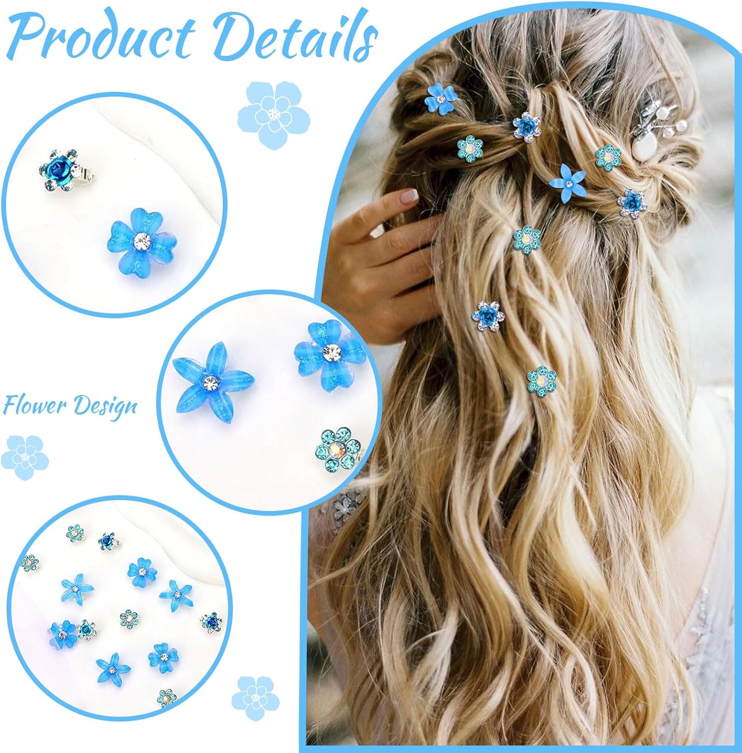 Pinces à cheveux - lot de 20 mini barrettes fleurs strass métal - 4 motifs