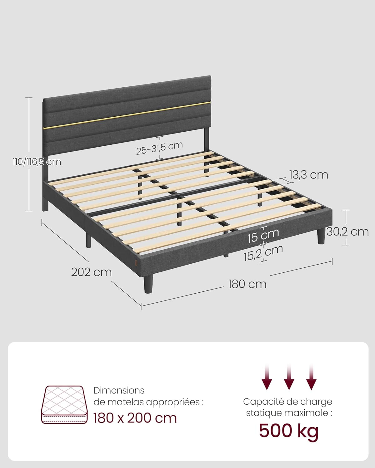 VASAGLE - lit double rembourré, 180x200 cm, métal, bois, gris, RMB508G01V1