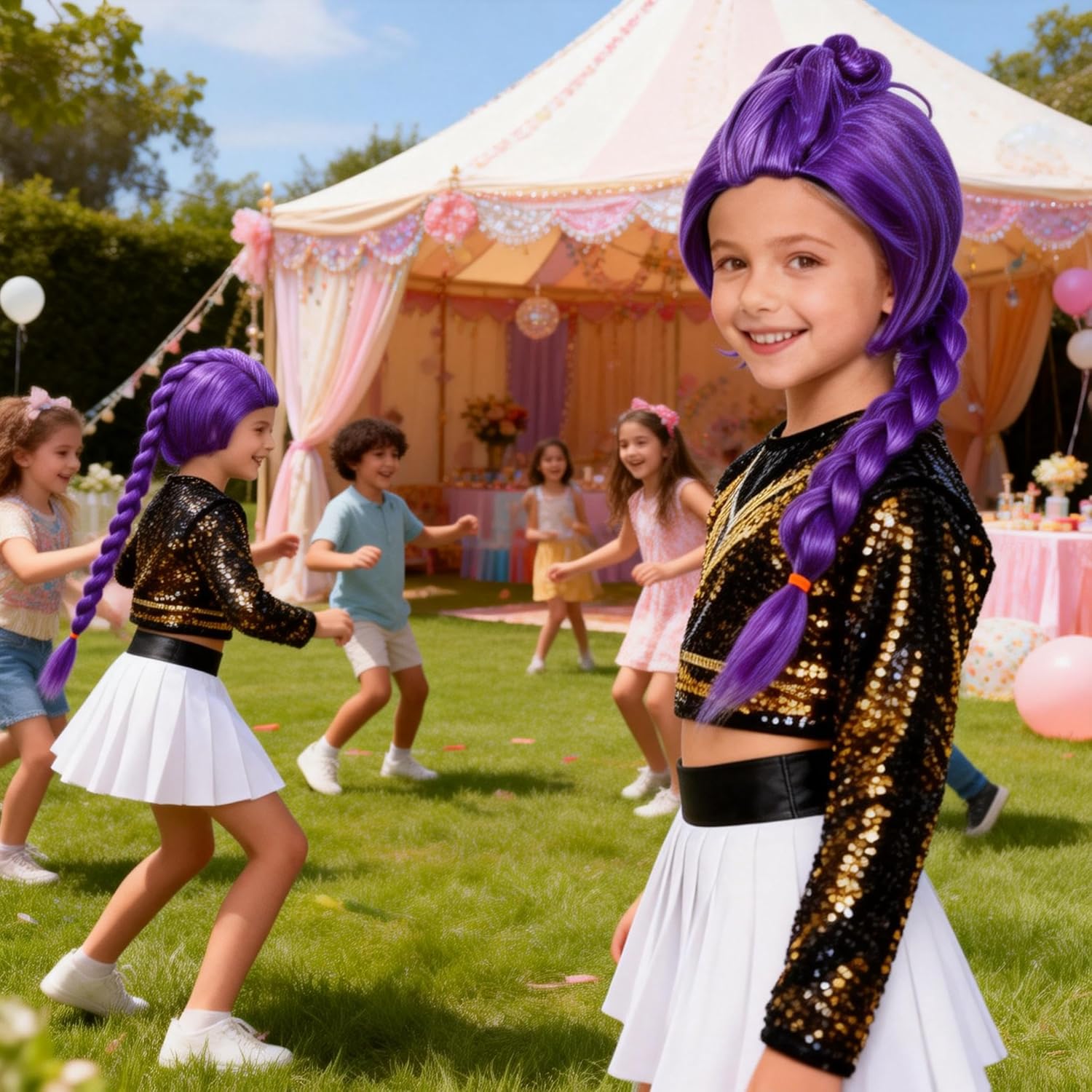 Perruque cosplay enfant tressée violette longue, réaliste, Halloween