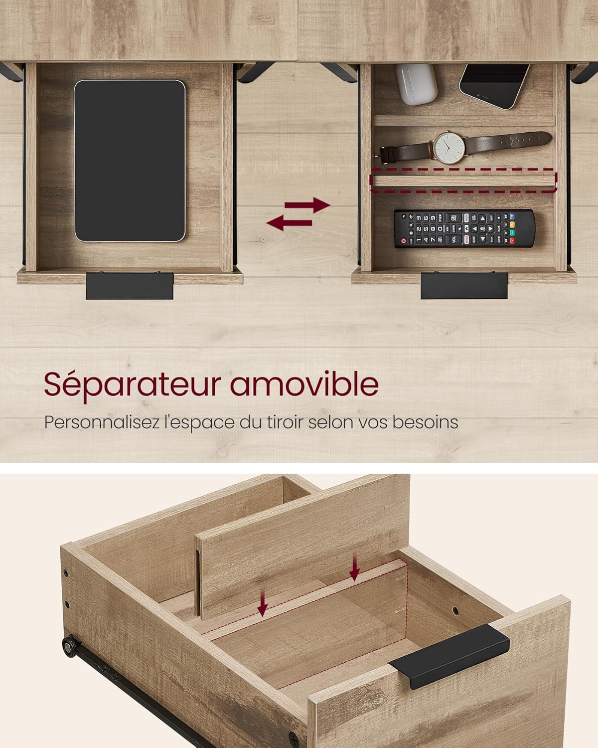 VASAGLE - table d’appoint 2 tiroirs 2 ports USB, fine, marron/noir - LET325K01