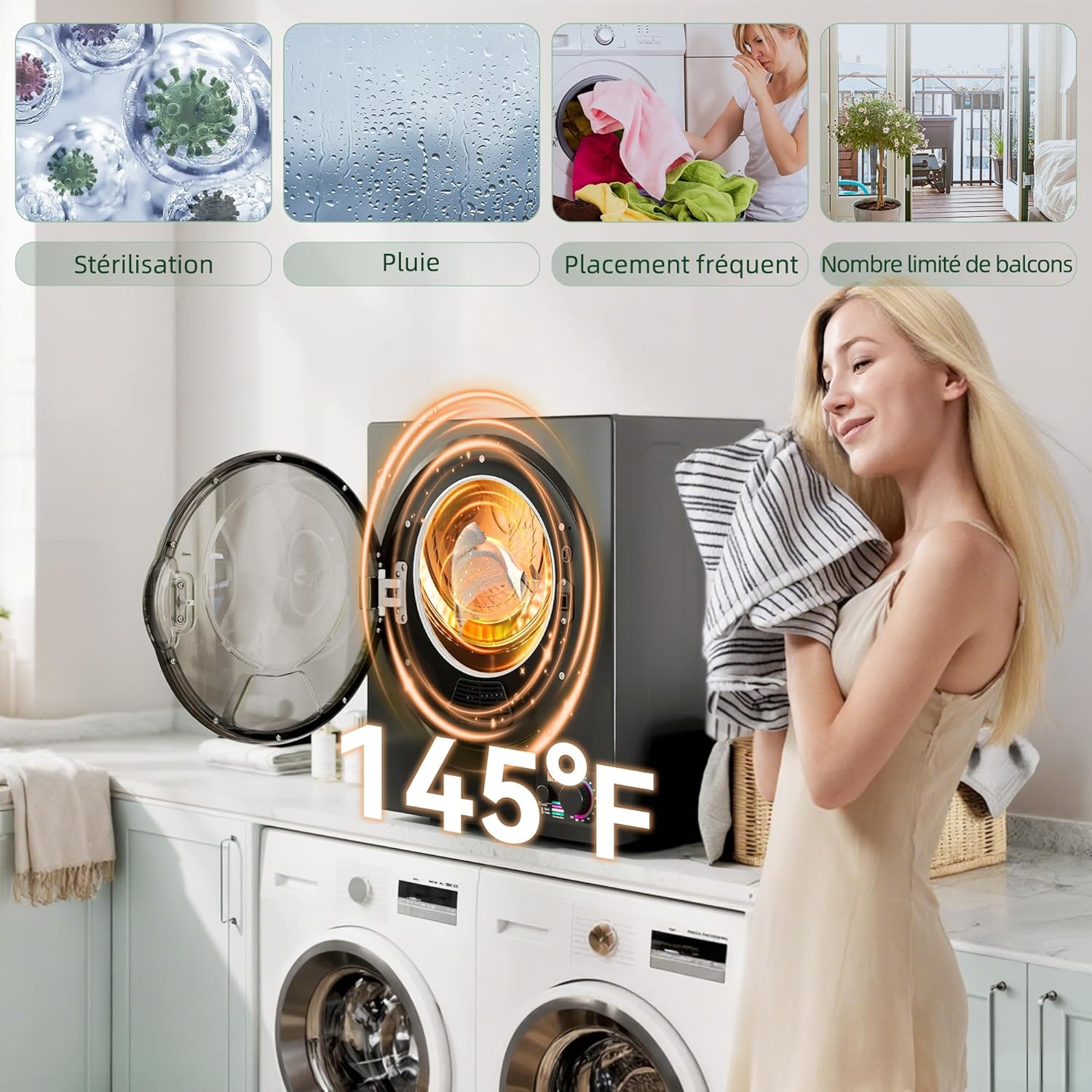 HOMCOM - sèche-linge portable 2,5kg - 850W, 4 modes, inox, mural