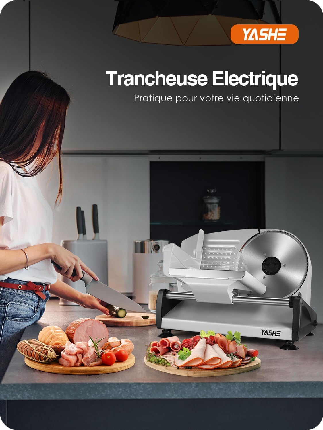 YASHE - trancheuse électrique 250W - 19cm, 0-15mm, 2 lames