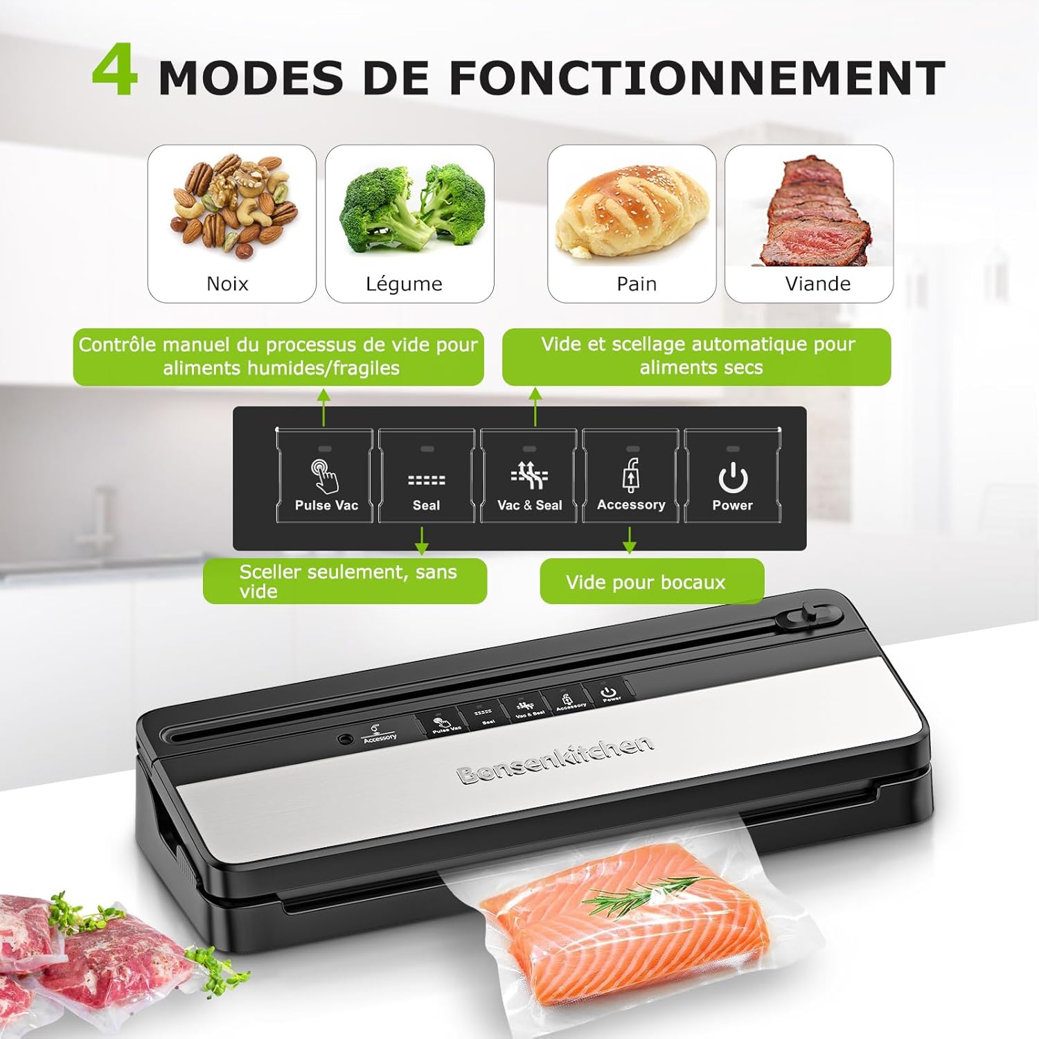 Bonsenkitchen - machine sous vide multifonction - compacte - coupe-aliments intégré, 50 sacs, rouleau, travail continu, 