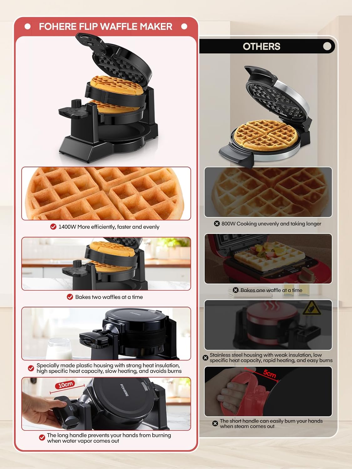 Waffle Maker - 1400W, flip 180°, 8 disques, plaques antiadhésives