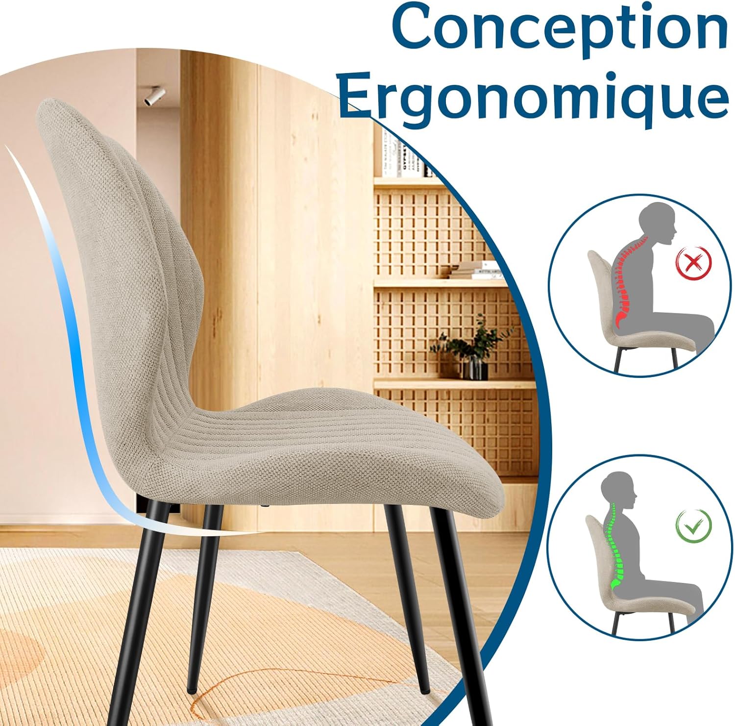 Chaises de salle à manger - Lot de 6 - tissu gris brun, pieds métal, dossier confortable