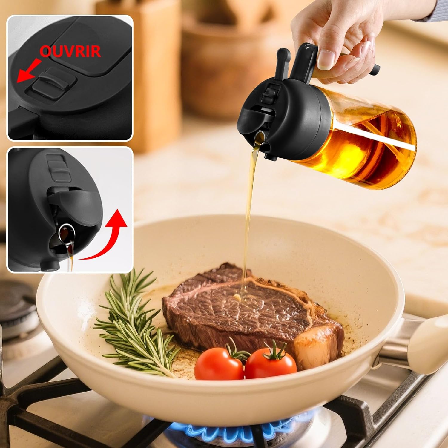 Flacon pulvérisateur d’huile - verre 470ml - 2 en 1 distributeur, cuisine, barbecue, air fryer