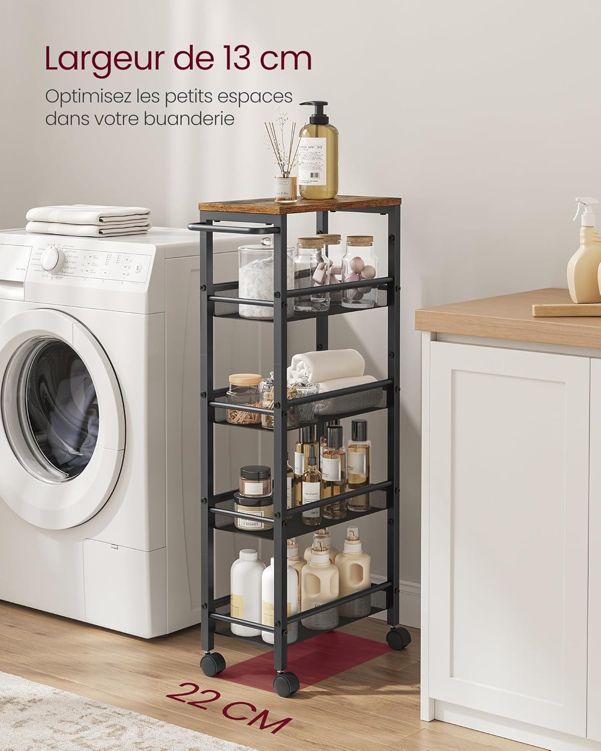 VASAGLE - desserte cuisine 5 niveaux - 22x45,4x99,6 cm - roulettes, acier, poignée, LRC035B01