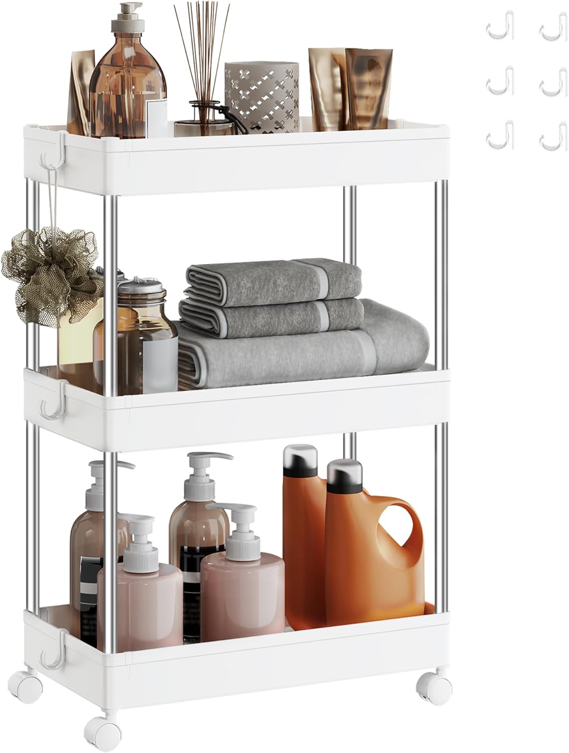 SONGMICS - Chariot de cuisine 3 niveaux, 23,6x42x60,6 cm, acier blanc, KSC009W01