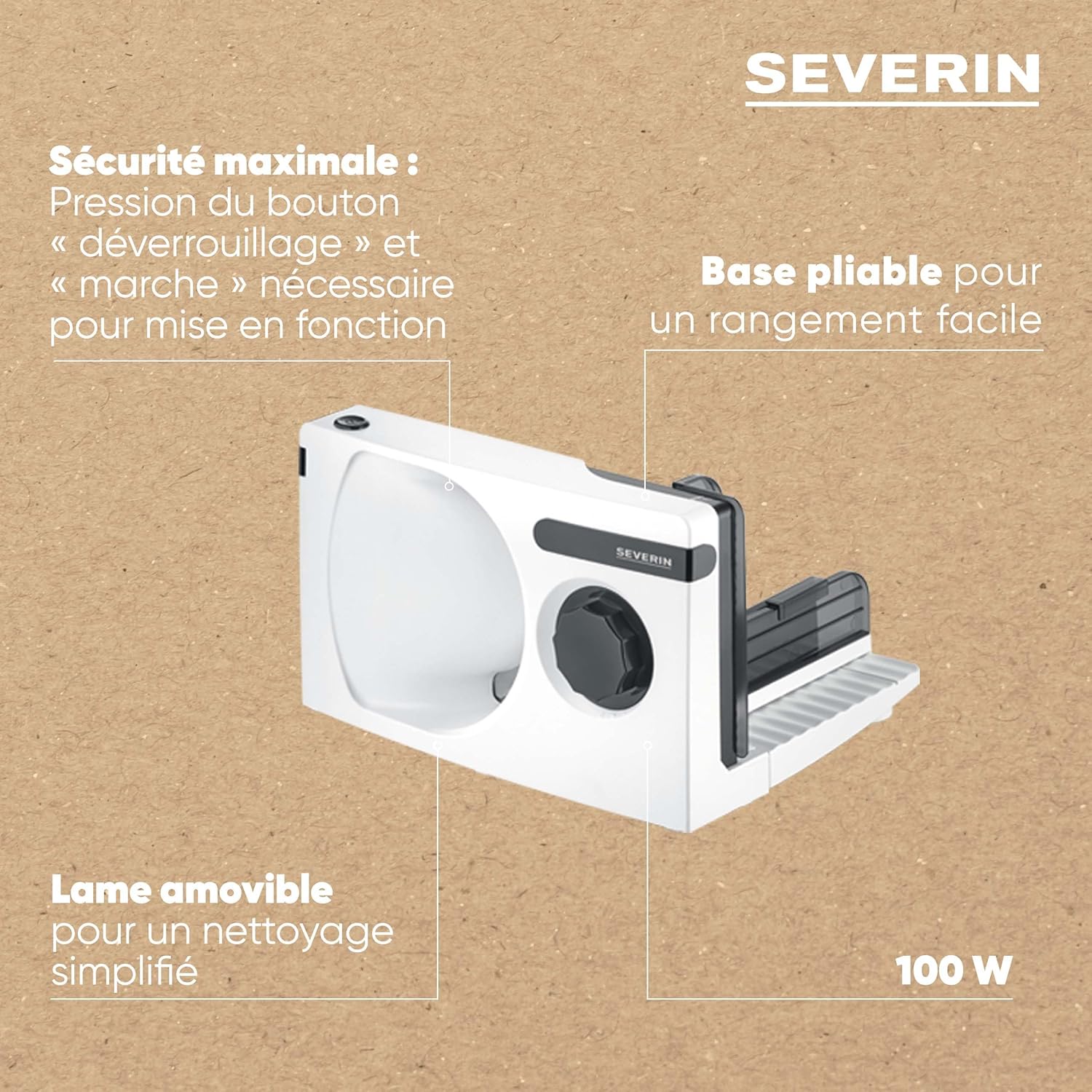 SEVERIN - trancheuse électrique 100W, lame inox amovible, coupe fine/épaisse, AS 3912