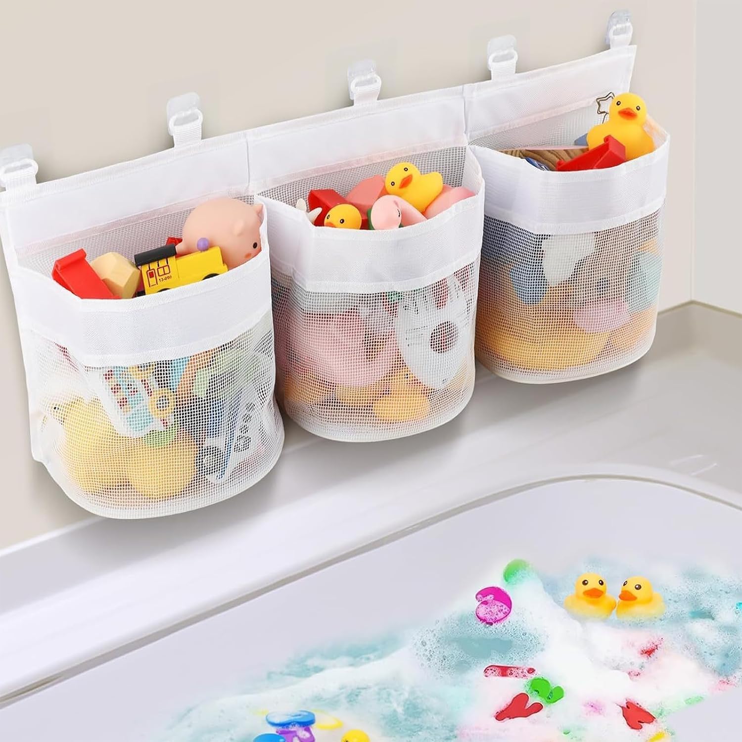 Filet de rangement jouets bain 3 compartiments, grande capacité, maille respirante, 4 crochets adhésifs