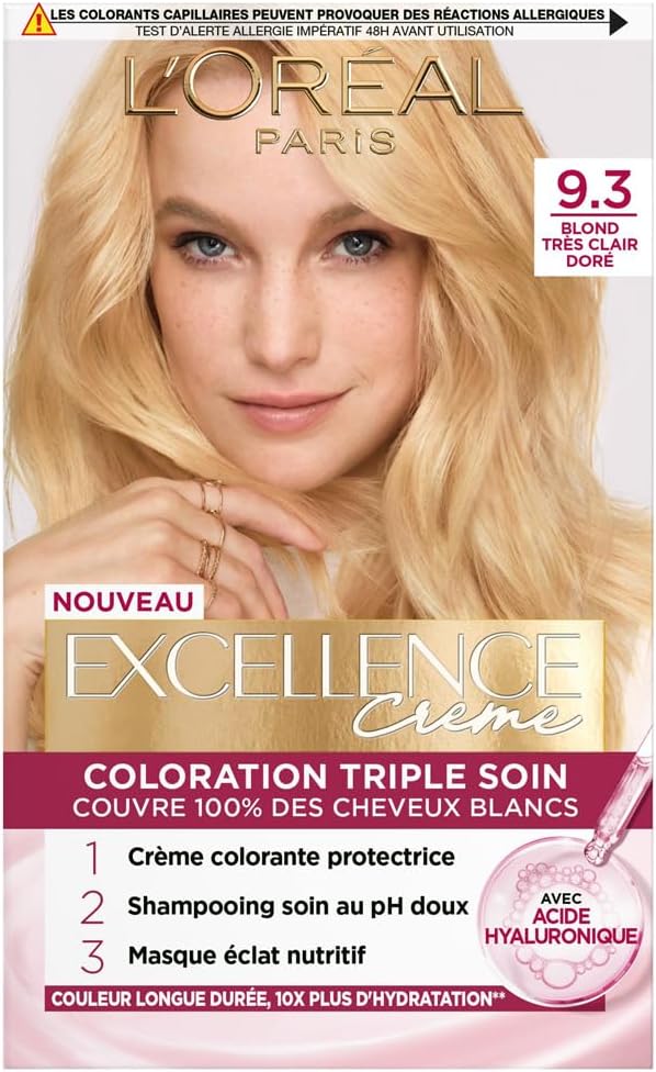L'Oréal - Excellence Crème - Blond Très Clair Doré - Triple Soin, Couvre 100% cheveux blancs