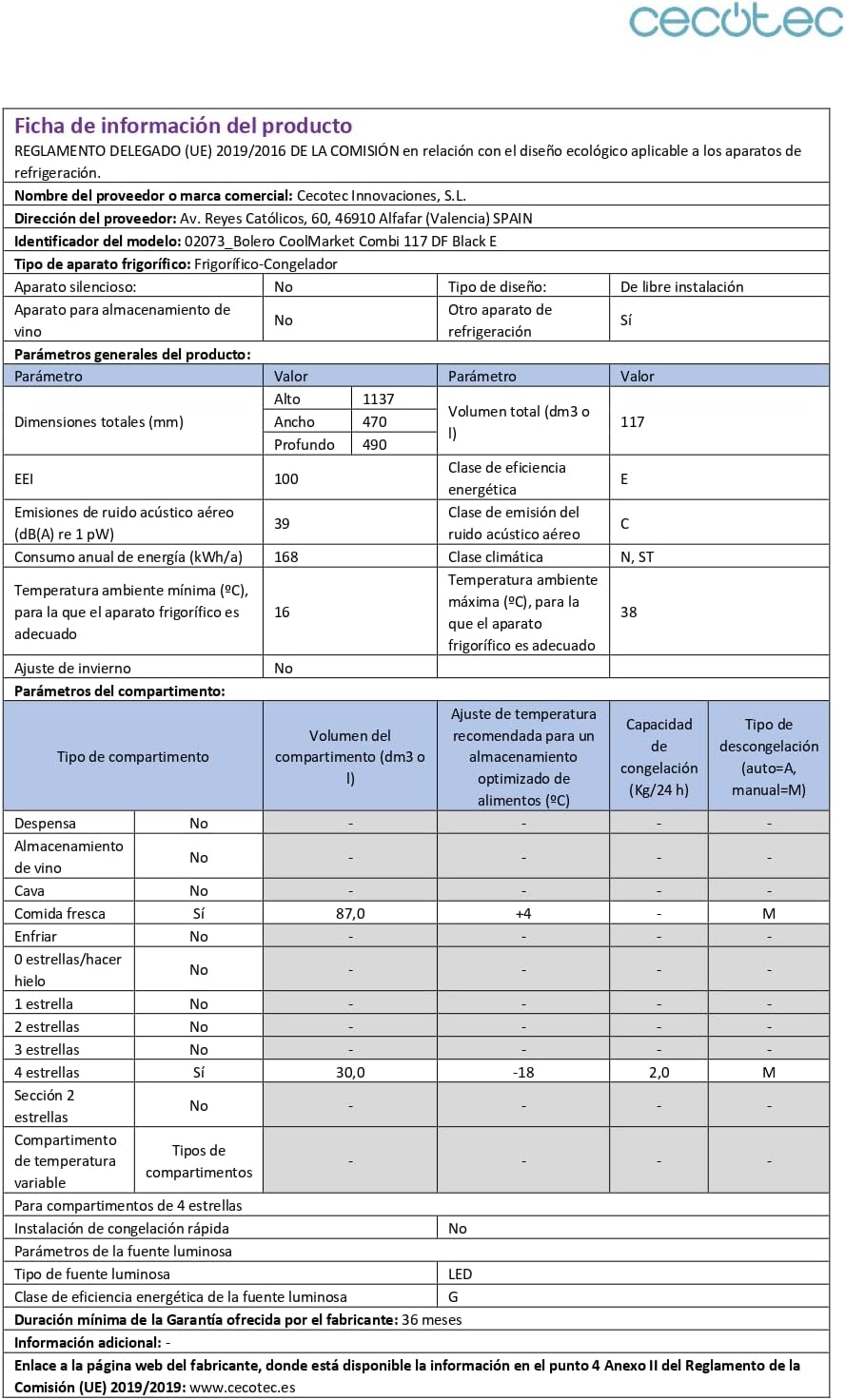 Cecotec - Bolero CoolMarket Combi 117 - 117L, Noire, Fast Freezing, Defrost, classe E