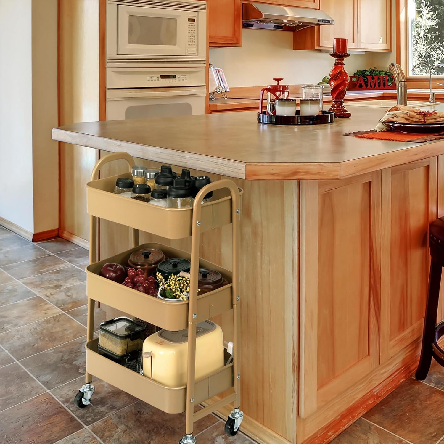 DOEWORKS - Chariot de rangement 3 niveaux, métal doré, roulant, compact