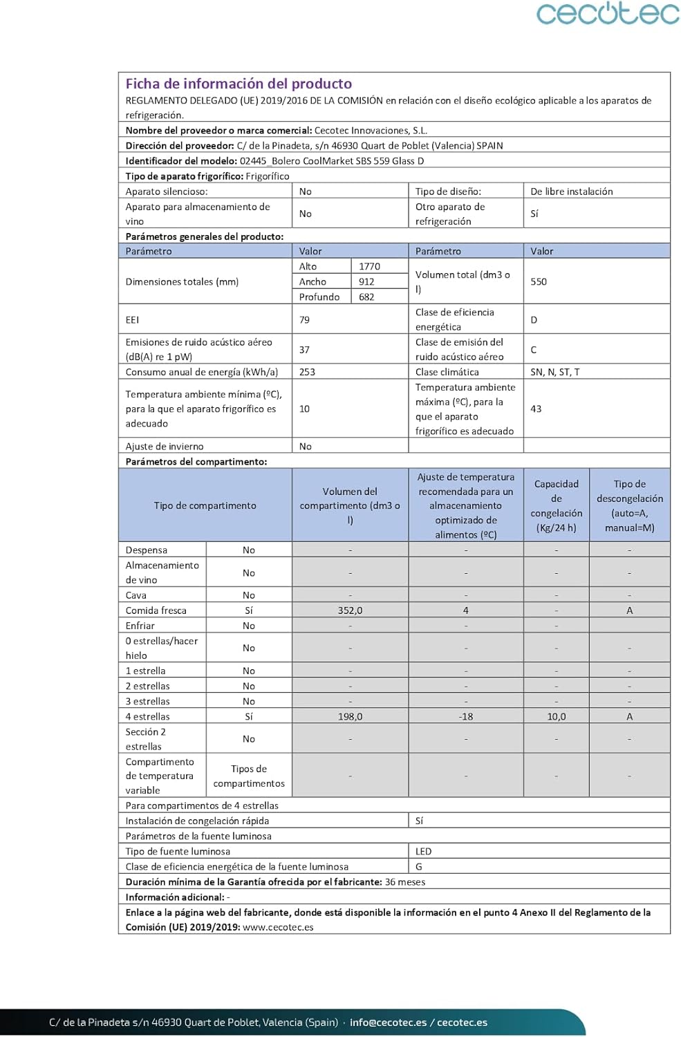 Cecotec - Bolero CoolMarket SBS 550 - 177x90 cm - 550L, No Frost, Inverter Plus