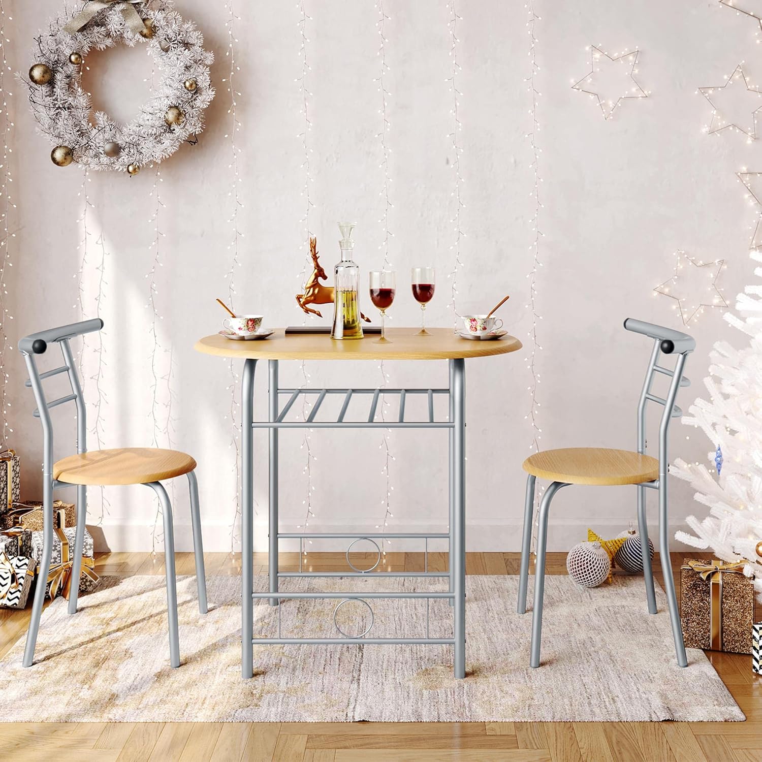 Yaheetech - ensemble table et 2 chaises, bois/argent, compact, porte-bouteilles