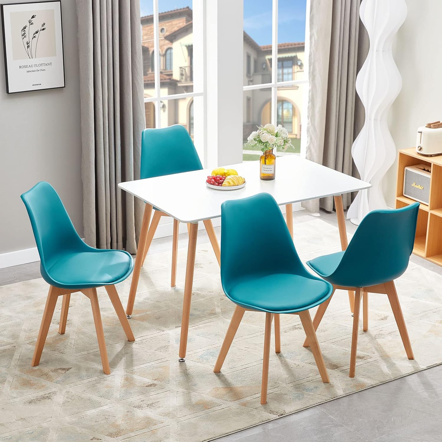EGGREE - Lot de 8 chaises scandinaves - bois hêtre, rembourrées, turquoise
