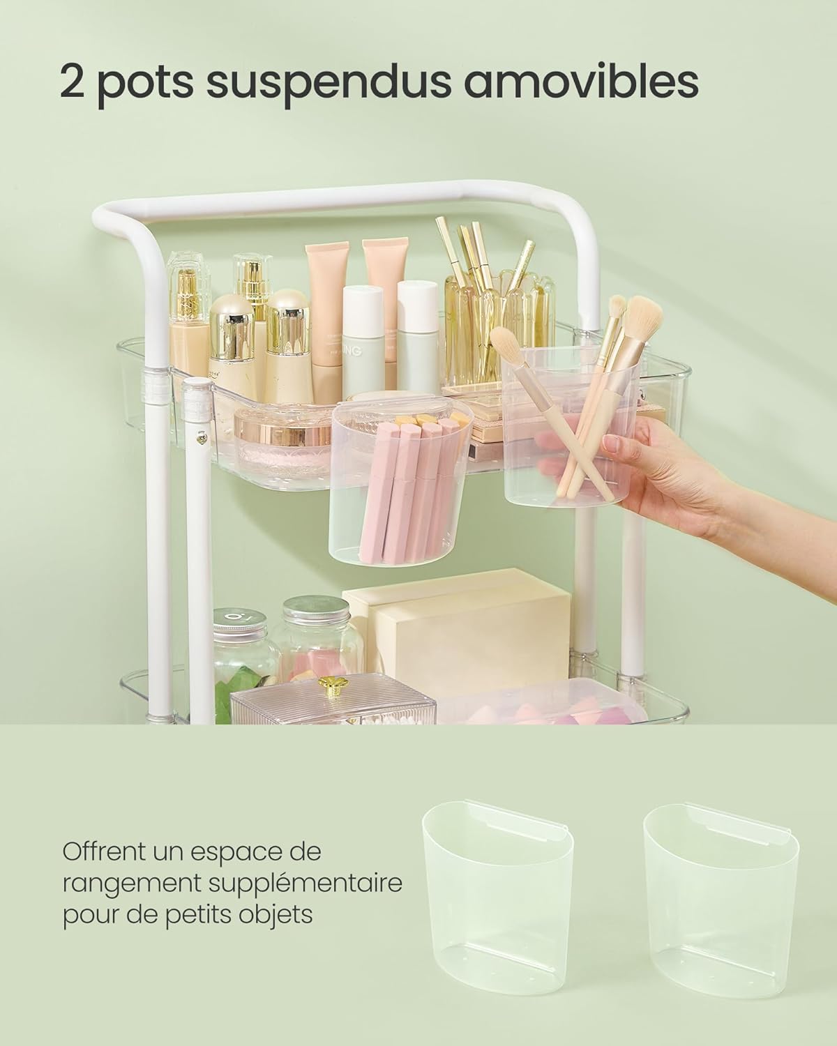 SONGMICS - desserte 3 niveaux, poignée, roulettes, 2 pots, 2 freins, BSC067W03