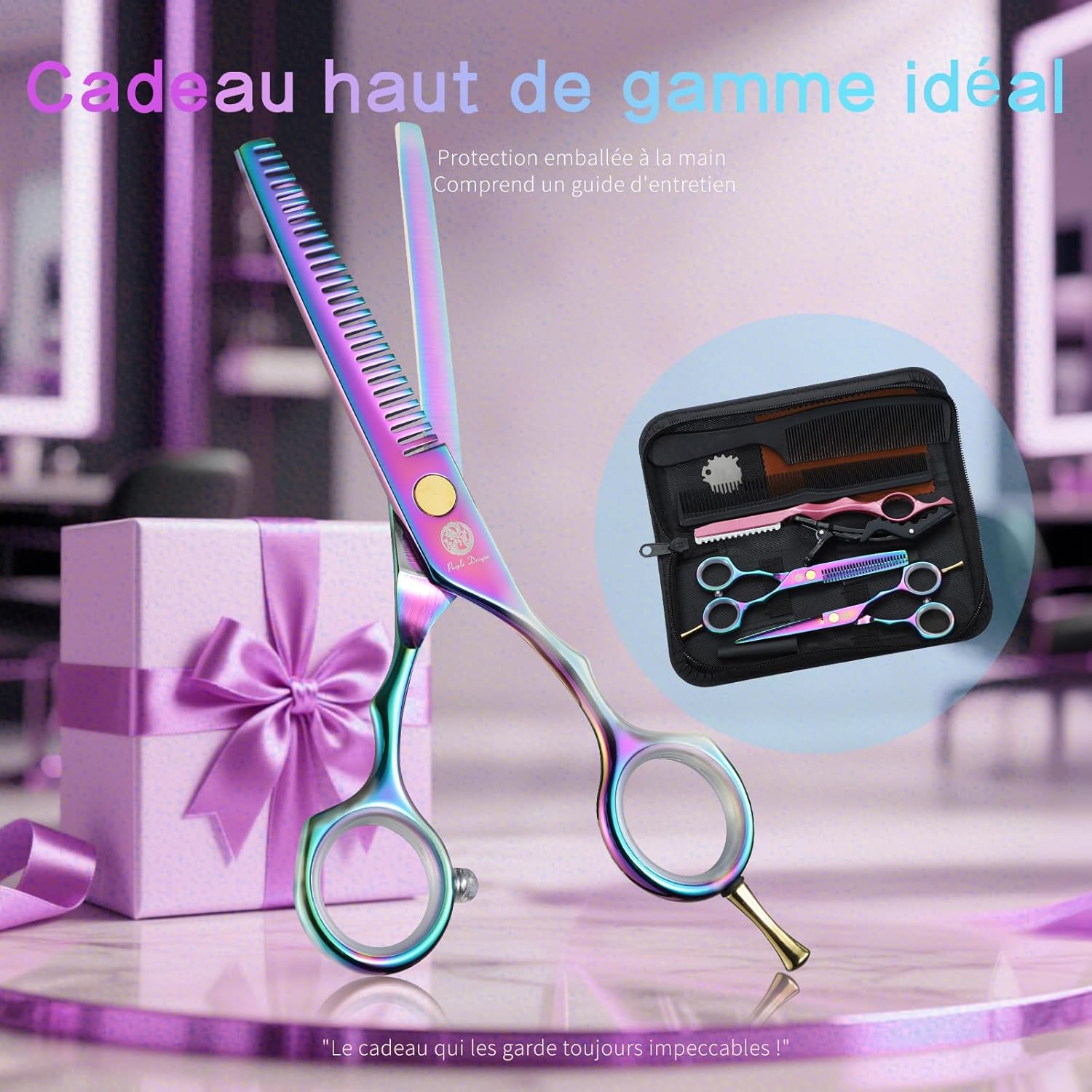 Kit de ciseaux de coiffure - 5,5 pouces - inox rose, peigne, effileur