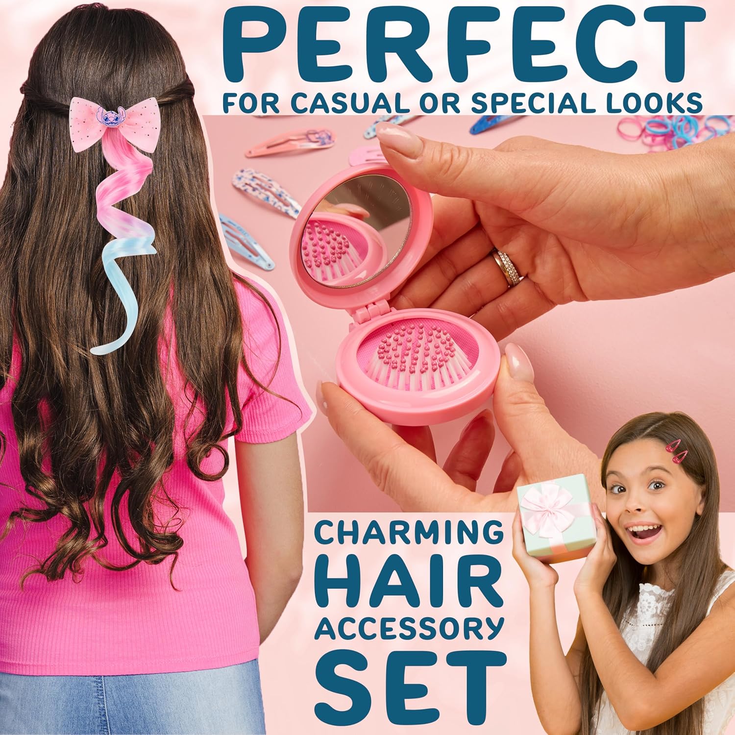 Get Trend - Coffret accessoires cheveux Stitch - sac à dos, barrettes, stickers, brosse pliante, chouchous