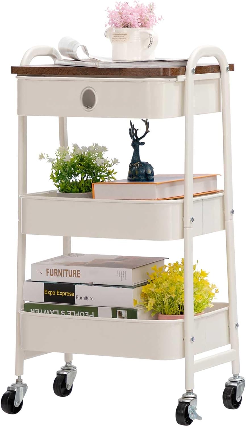 DOEWORKS - chariot rangement 3 niveaux, métal, tiroir, blanc, compact