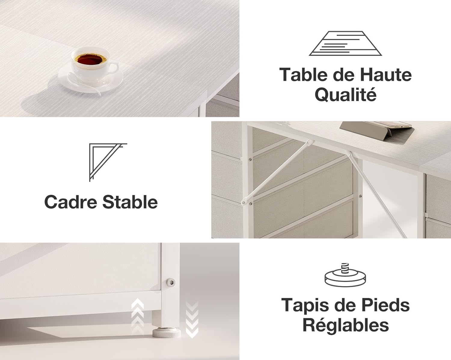 Coleshome - bureau avec 8 tiroirs tissu - 120x48cm - blanc, robuste, rangement