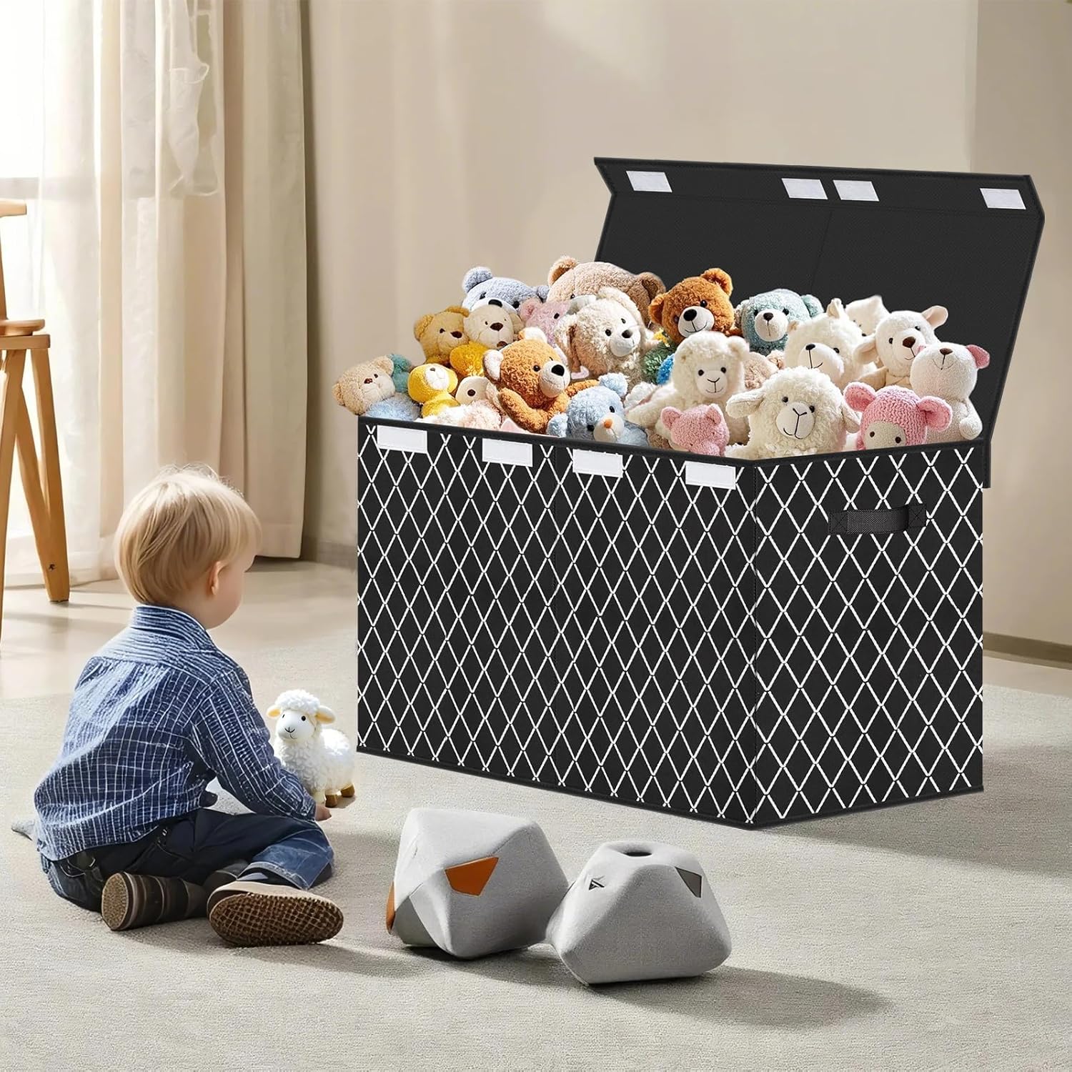 Boîte à jouets - coffre motif carreaux noirs, poignées, couvercle, rangement chambre enfant