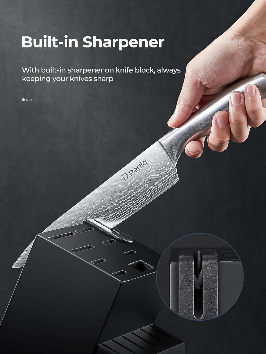 D.Perlla - Set de 15 couteaux pro, inox, bloc auto-affûtant