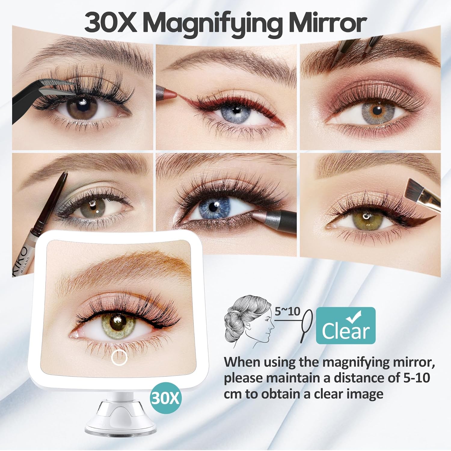 Miroir grossissant - carré 30x - lumineux, tactile, ventouse, rechargeable, rotation 360°