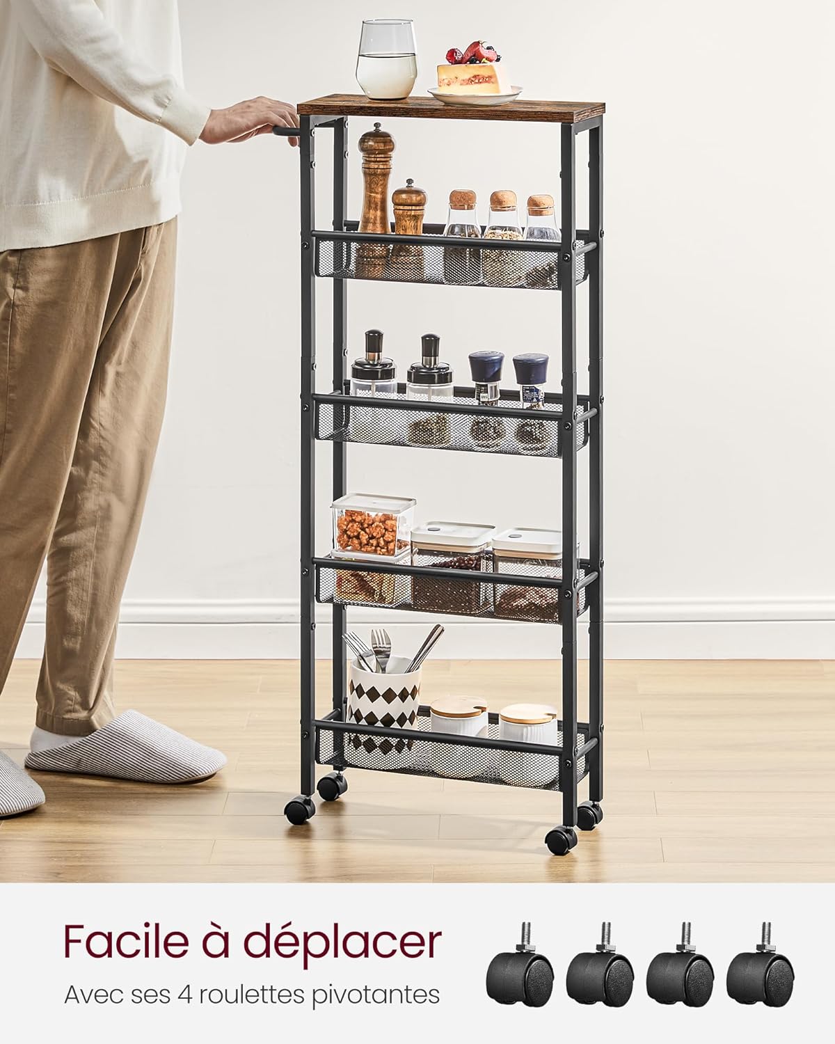 VASAGLE - desserte 5 niveaux - 13x45,4x99,6cm - roulettes, acier, poignée, LRC034B01