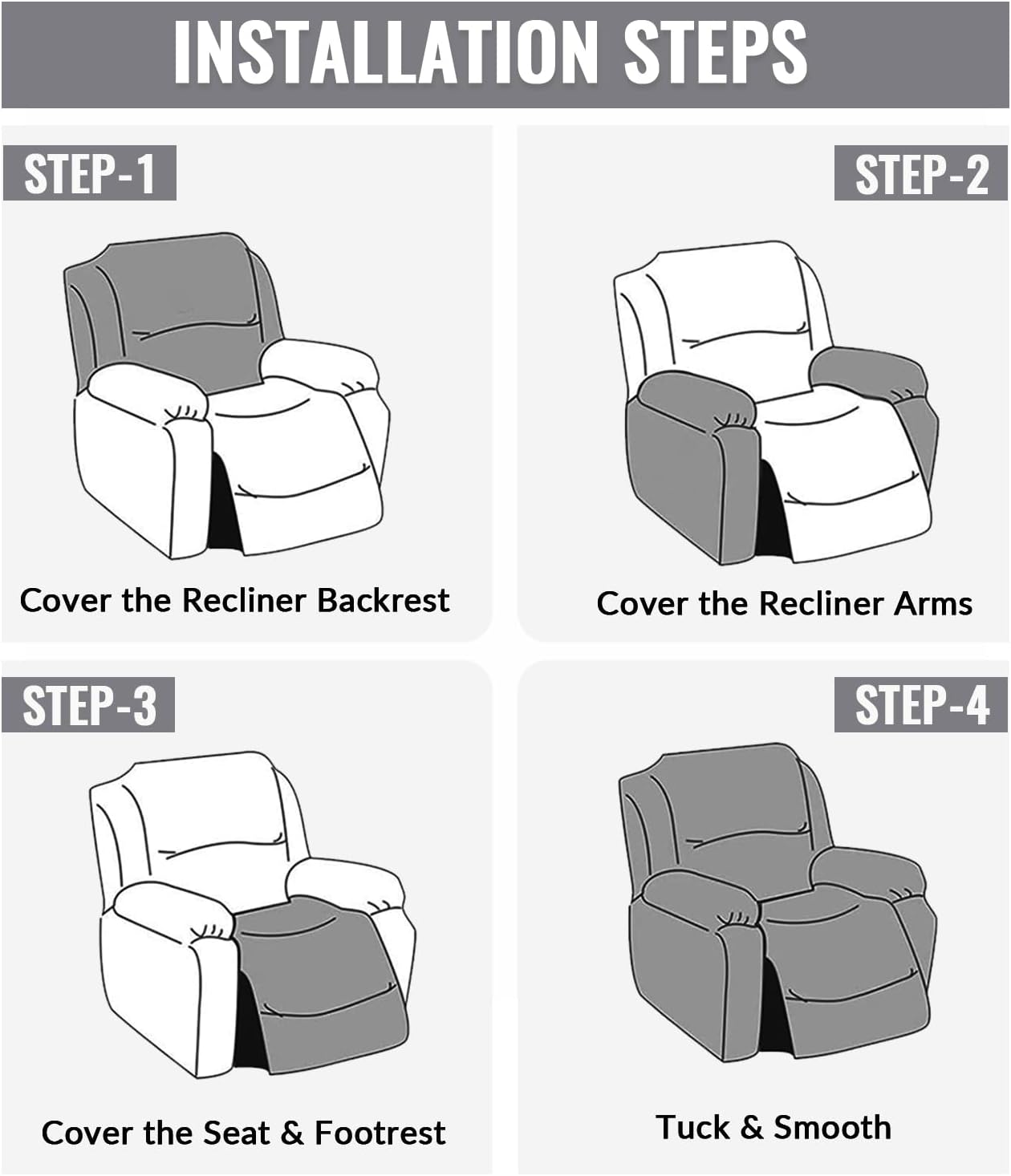 Housse de Fauteuil Relax - jacquard gris clair - extensible 4 pièces avec poches