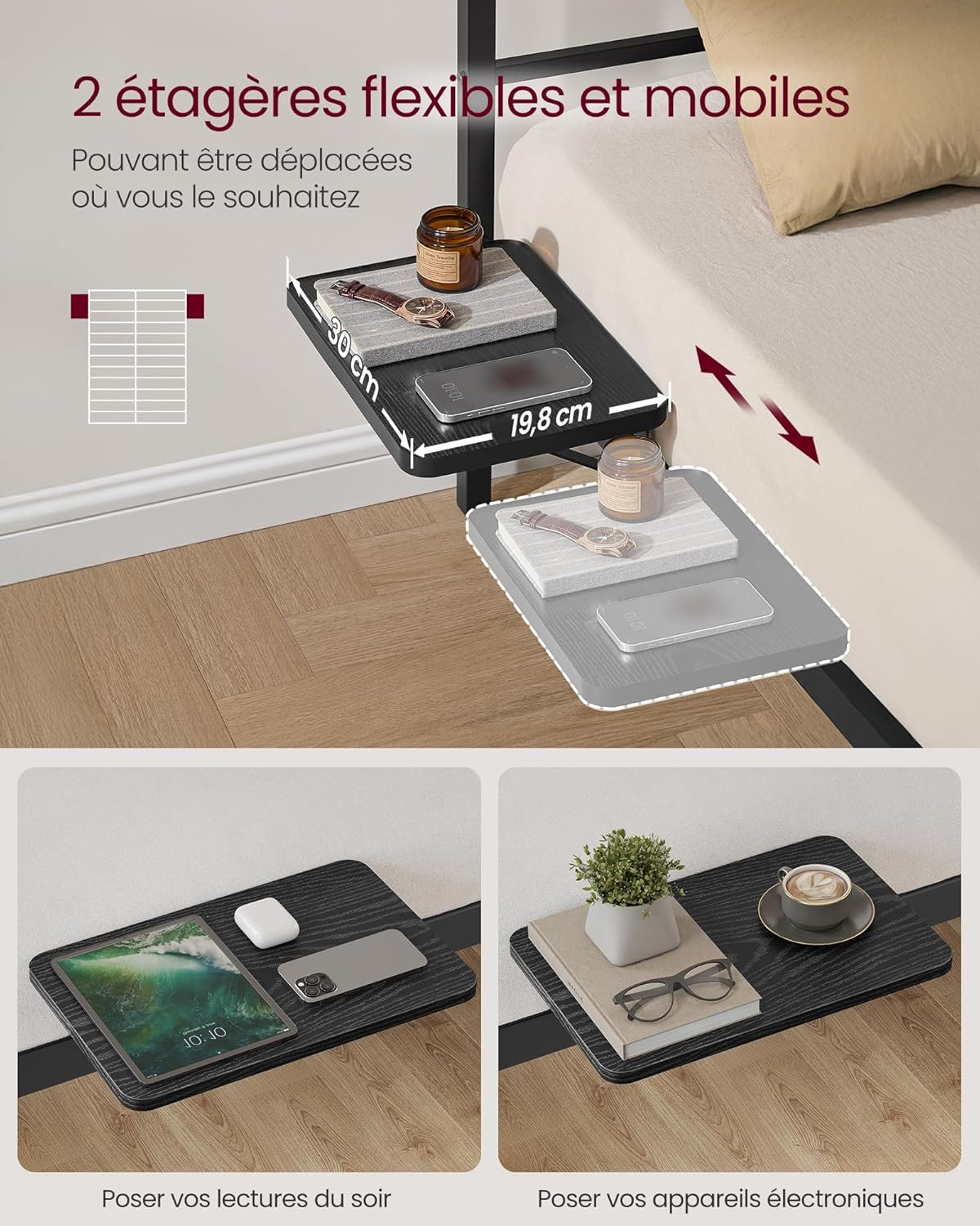 VASAGLE - cadre de lit série RMB - 160x200 cm - métal, étagères, tête de lit, montage facile - RMB195BD01