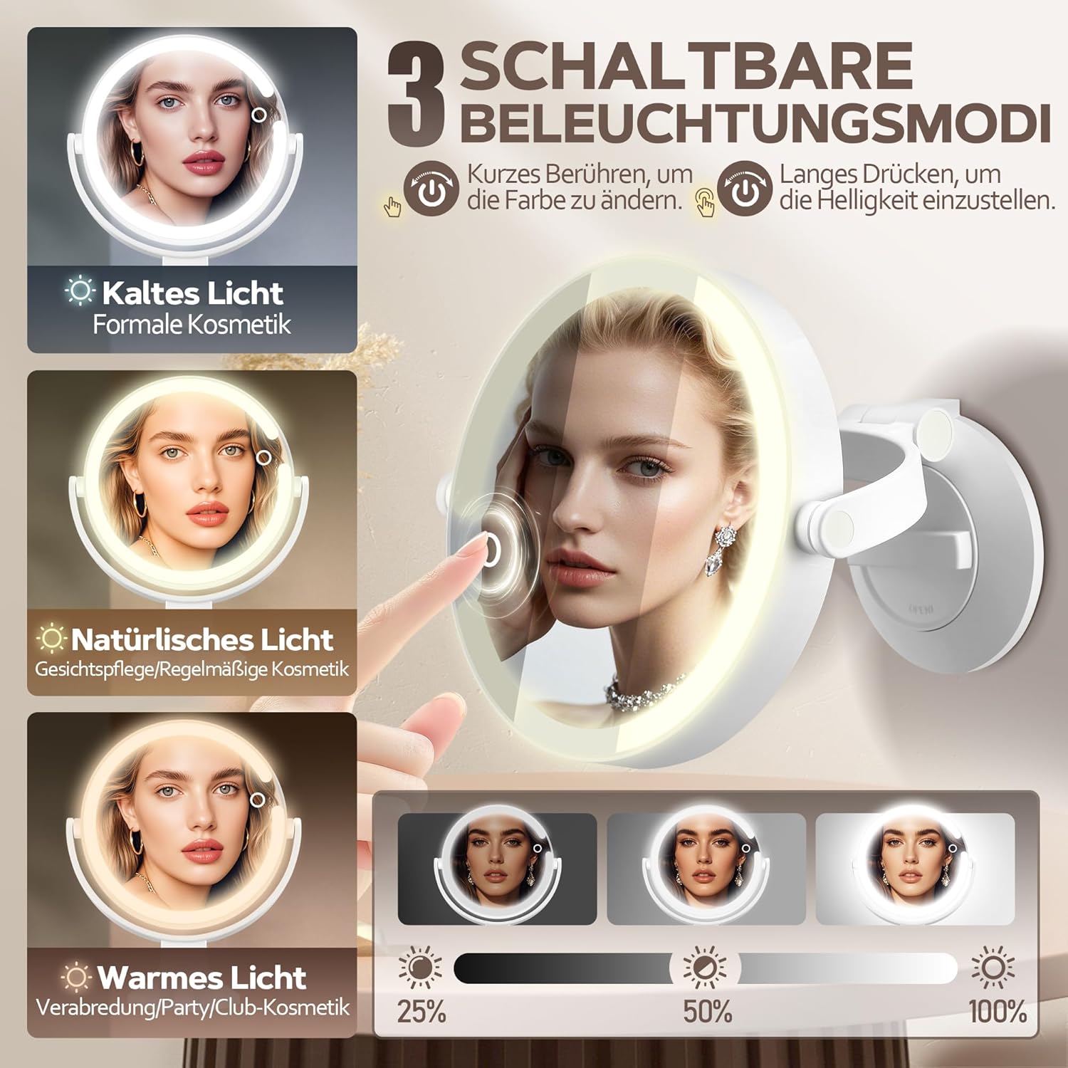 Miroir grossissant double face, ventouse, éclairage 3 modes, 30 compartiments