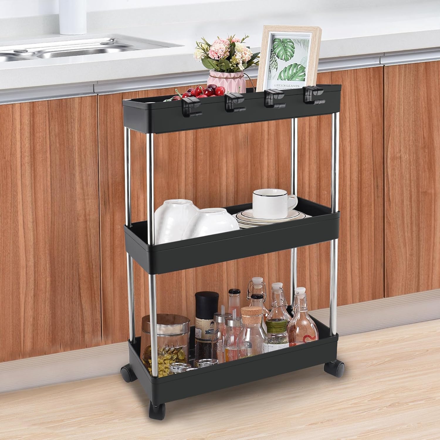 Chariot de rangement 3 niveaux - mobile - étagère à roulettes - usage bureau/maison - noir