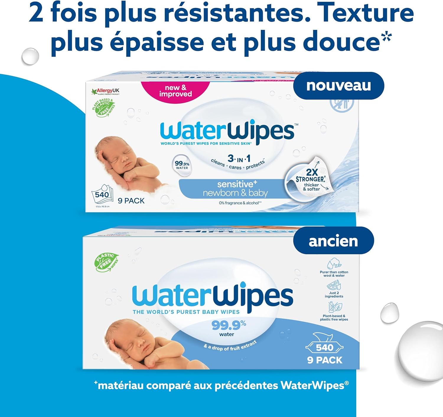 WaterWipes - Sensitive+ Lingettes bébé 540 unités, 99,9% eau, non parfumées
