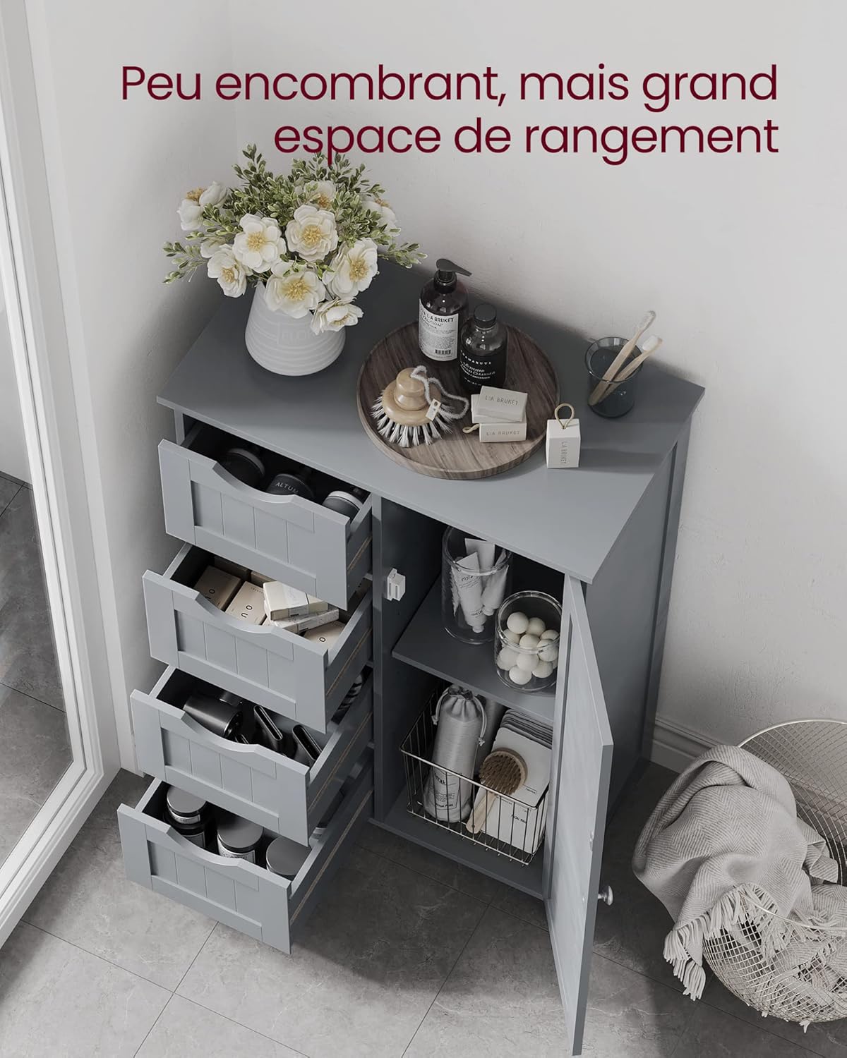 VASAGLE - armoire salle de bain avec 4 tiroirs, étagère réglable, 30x55x82cm, LHC041P36